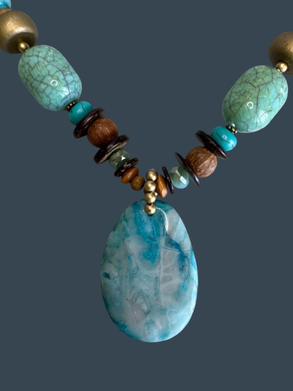Boho Turquoise Chunky Necklace Stone Pendant Ceramic Bead Adjustable 26in - Picture 7 of 10